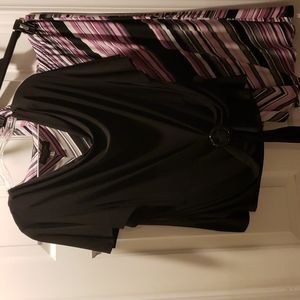 Blouse skirt set,scallop sleeve, faux belt cowl neck, below knee elastic skirt